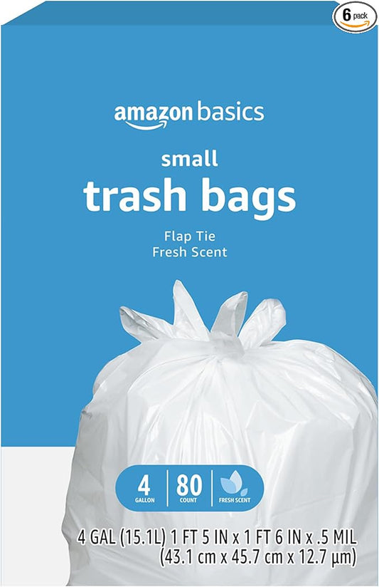 Amazon Basics 4 Gallon Trash Bags, Flap Ties, Fresh Scent, 80 Count (Pack of 6)