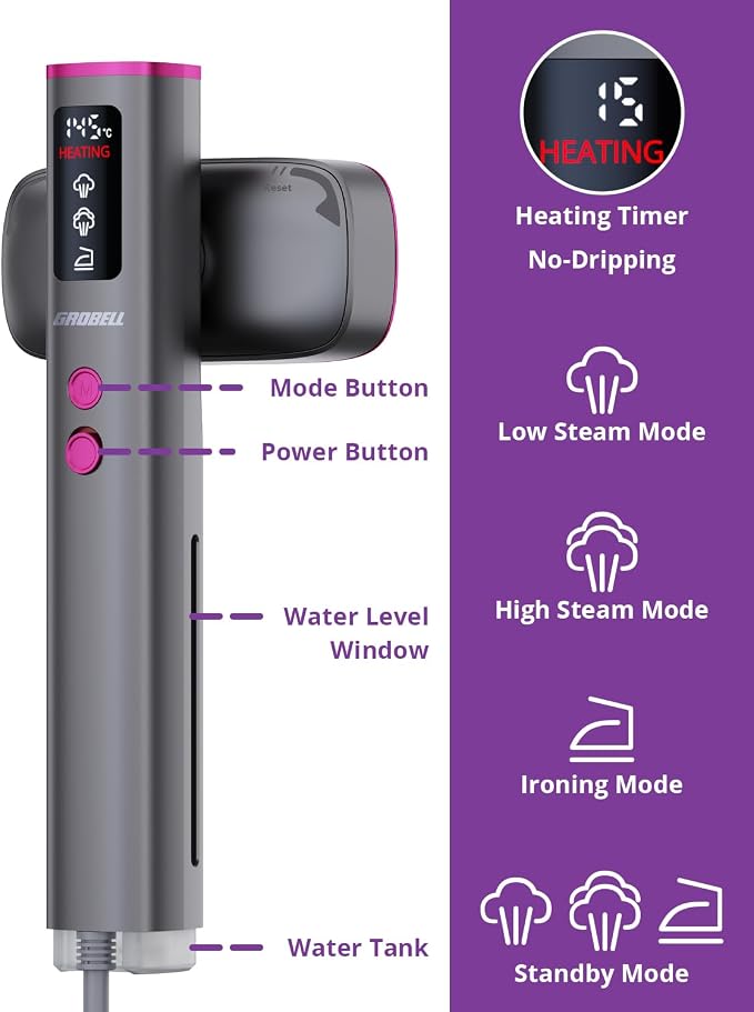 Travel Garment Steamer for Clothes: 100V-220V Dual Voltage Hand Portable Hand Held 2 In 1, 20s Smart Fast Heat Up Handheld Clothing Steamer, 4 Modes with LED Display, Global Travel Size Gray