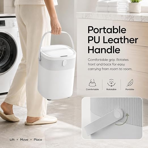 WM-DZT-12-36S Smart Motion Sensor Trash Can, Ultra-Quiet Soft-Close | Long Battery Life | Built-in Bag Storage & Portable PU Handle (White)