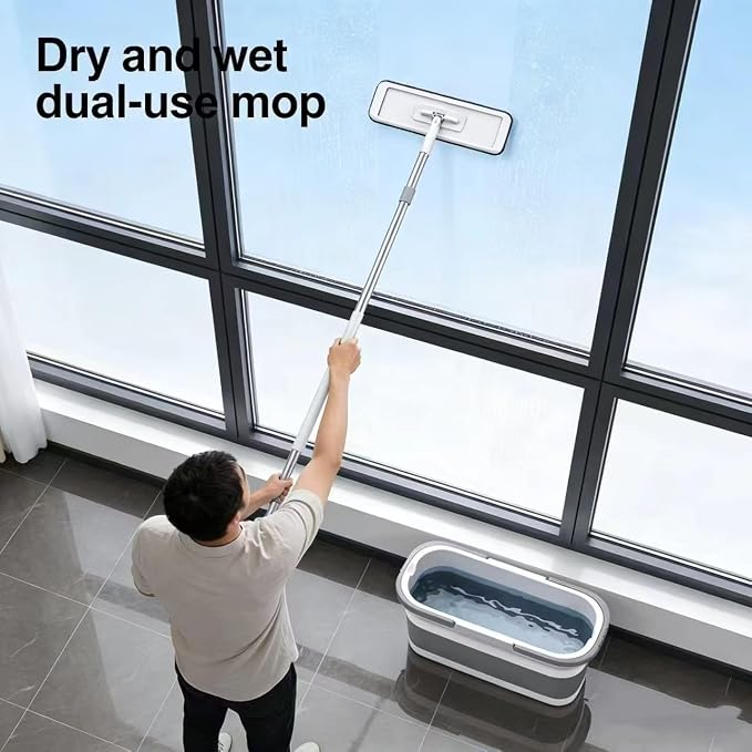 Large Flat Mop and Scalable Bucket with Wheels, 360 Rotating Microfiber Dust Mop with Dewatering Scraper, 54" Adjustable Stainless Steel (1 Mop + 6 Microfiber Pads + 1 Bucket)