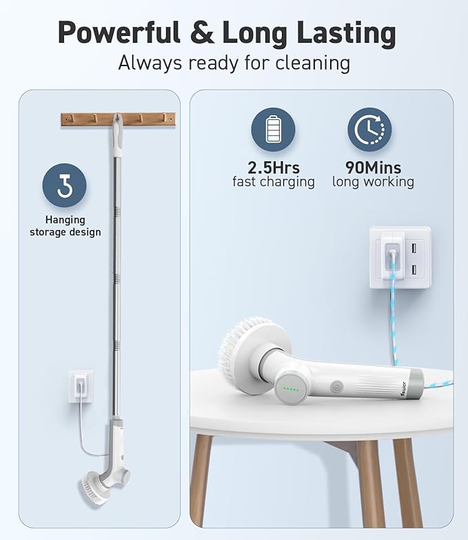 VEWIOR Electric Spin Scrubber with 3 Replacement Brushes, Cordless Shower Scrubber with Adjustable Handle and Power Dual Speed for Bathroom Tub Tile Grout