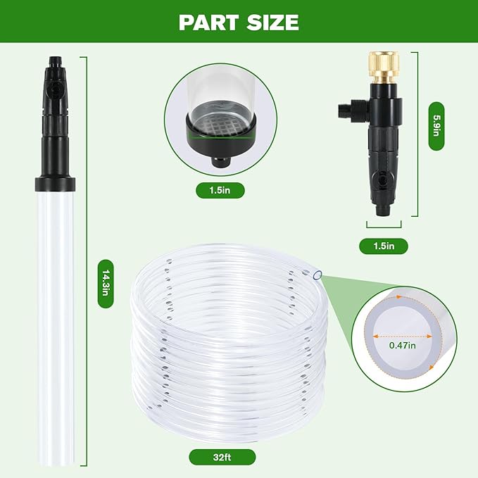 Aquarium Siphon Vacuum Gravel Cleaner Kit for Fish Tank Cleaning Gravel & Sand, Fish Tank Water Changer Metal Faucet Connector with Long Hose Drain & Fill（32ft）