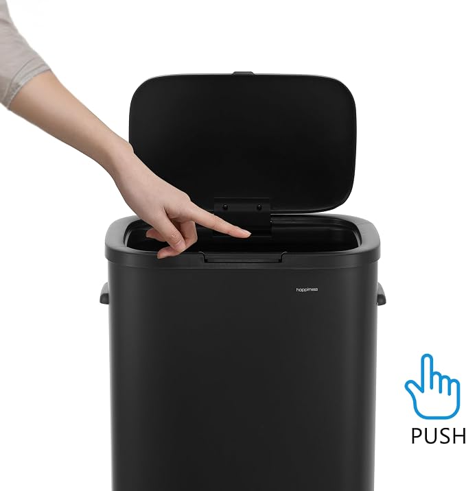 happimess HPM1017B Tammi Kitchen 14.5-Gallon Slim Metal Push Button Trash Can, Fingerprint Resistant, Modern, Minimalistic for Home, Kitchen, Laundry Room, Office, Bedroom, Bathroom, Charcoal Black