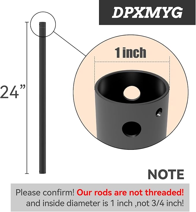 24 inch Ceiling Fan Downrod, 2 FT Black Downrod for Ceiling Fan, 1 inch Outside Diameter, Boom Suitable for a Wide Range of Fans (Black, Not Threaded)