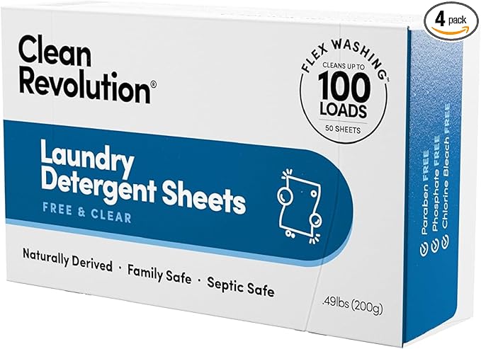 Clean Revolution Laundry Detergent Sheets, 200 Sheets, 400 Loads of Laundry, Fragrance Free, Septic Safe, Dissolves Completely