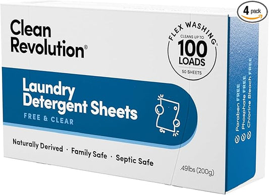 Clean Revolution Laundry Detergent Sheets, 200 Sheets, 400 Loads of Laundry, Fragrance Free, Septic Safe, Dissolves Completely