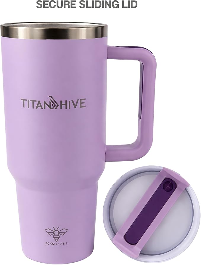 40 oz Insulated Stainless Steel Tumbler with Handle and Straw - Leak Resistant, Cup Holder Friendly Travel Mug (Purple)