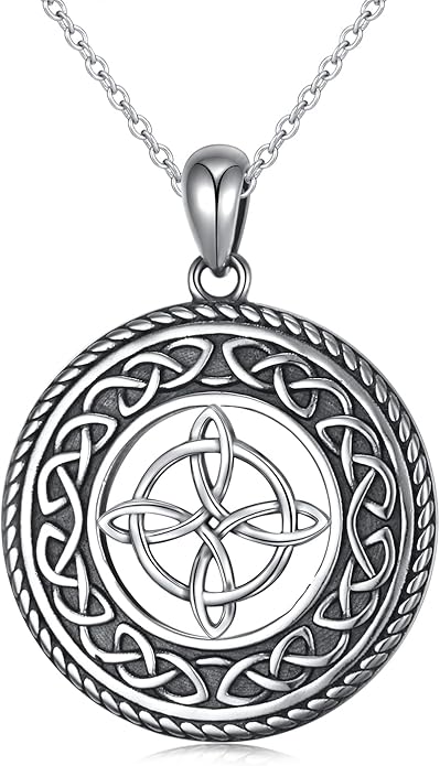 DAOCHONG 925 Sterling Silver Jewelry Oxidized Good Luck Irish Knot Celtic Medallion Round Pendant Necklace, 20 inch
