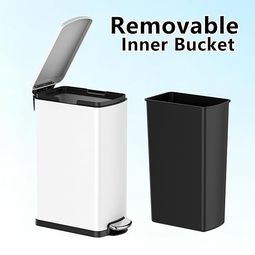 GarveeHome 8 gal Slim Rectangular Stainless Steel Trash Can with Soft Close Lid and Removable Bucket for Kitchen, Bathroom, Office, White