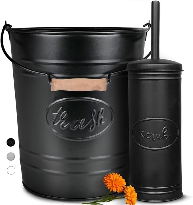 Autumn Alley Farmhouse Bathroom Trash Can and Toilet Brush Set - Rustic Bathroom Accessories for Charming Bathroom Décor, Matte Black Heavy Gauge Metal
