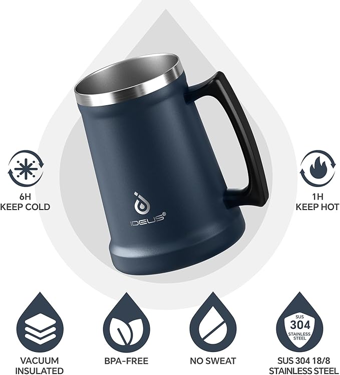 Ideus Insulated Beer Stein, 24/32oz Stainless Steel Double Walled Beer Mug Giant Bar Drinkware Metal Beer Cup with Big Grip Handle (Navy Blue, 24 ounces (710ml))