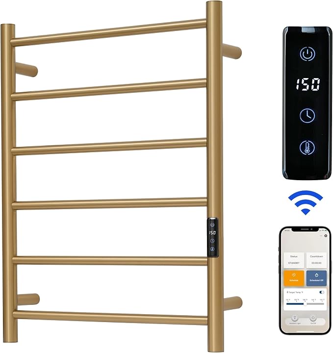 Electric Towel Rack with Voice Control for Alexa & Google Home,TUYA-Wall-Mounted Bathroom Heating Towel Warmer,Plug-in,26.77x20.47x4.39in,Stainless Steel Material,Gold，6 Bars