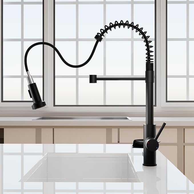 Kitchen Sink Pull Down Faucet with Cup Washer Single Handle Commercial Industrial Pull Out Spring Faucets with Glass Rinser fit 1 or 3 Hole for Farmhouse Camper Laundry Utility RV Wet Bar Matte Black