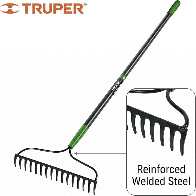 Truper Tru Tough 16-Tine Welded Bow Rake, 60-Inch Fiberglass Handle with Comfort Grip, Heavy-Duty Landscaping and Soil Leveling Tool (Model 32404 / R-16AM-FV)