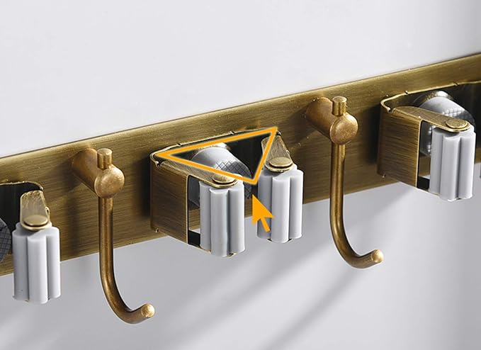 Mop Broom Holder Wall Mount Garden Tool Organizer, Brass Heavy Duty Tool Hanger with 3 Racks 4 Hooks for Kitchen Bathroom Closet Garage Office Laundry