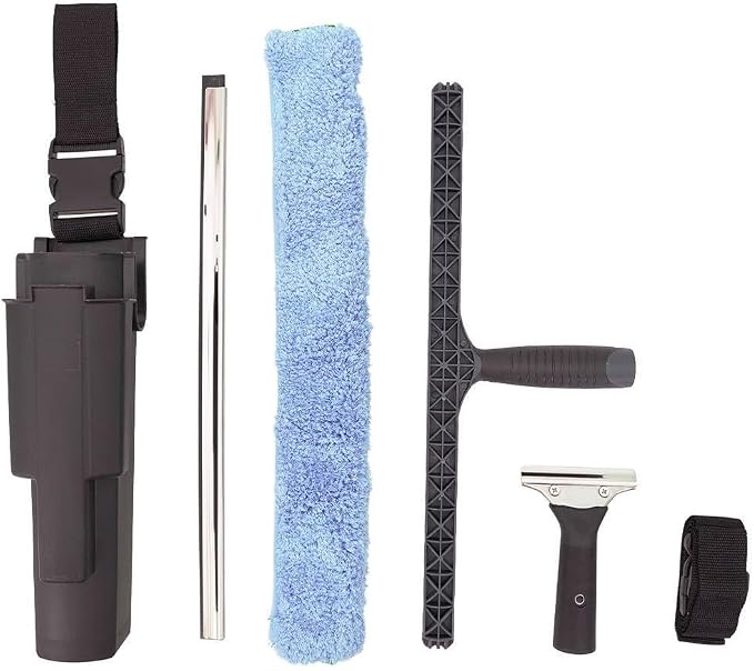 XERO Window Squeegee Cleaning Caddy Kit- Holster Side Bucket with Adjustable Belt -18" Channel with Handle and 1-18" T-Bar Washer with Sleeve Windshield Cleaner Tool