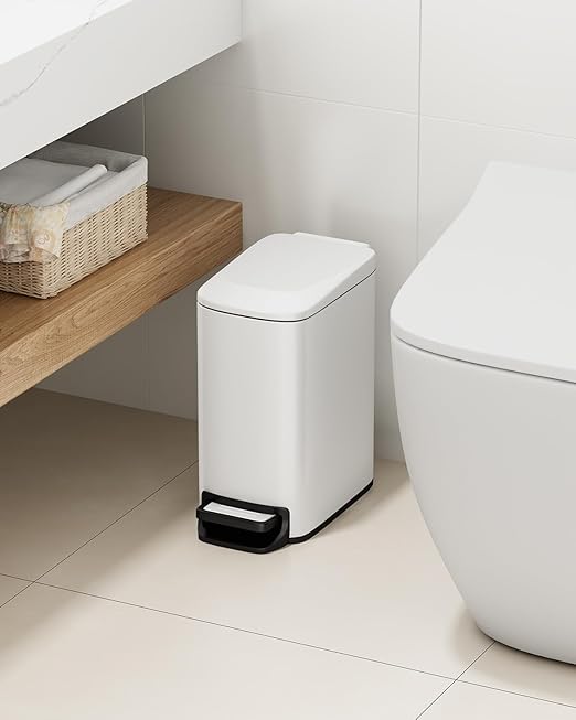 TIPGO Slim Bathroom Trash Can with Lid Soft Close, Step Pedal, 6 Liter / 1.6 Gallon Stainless Steel Trash Bin, Small Garbage Cans for Bedroom, Office, Kitchen (White)