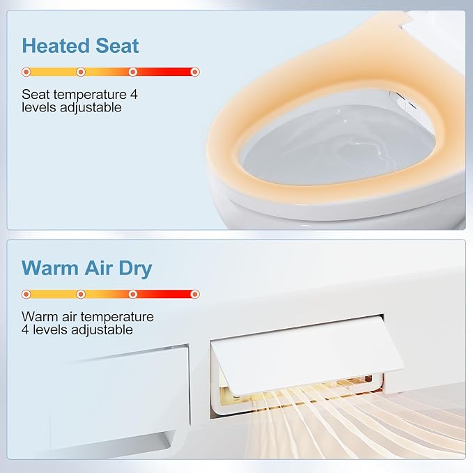 Bidet Toilet Seat, Round, Electric, Warm Water, Air Dryer, Heated Seat and Slow Close Lid, Front and Rear Wash, Night light, Wireless Remote, 102D (Round)