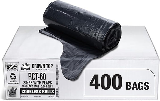 Aluf Plastics RCT-60 Star Sealed Coreless Rolls with E-Z Tie Flap Closure, 60 gal, Polyethylene, 38" x 58", Black (Pack of 400)