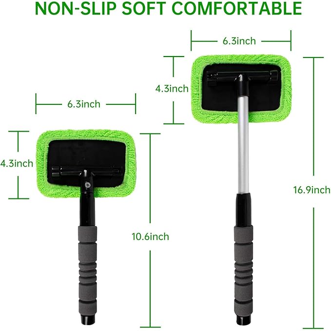 XINDELL Car Window Cleaning Combo – Windshield Glass Cleaner Tool with Extendable Handle & 14 Reusable Microfiber Pads for Interior/Exterior Glass, Streak-Free Auto Window Cleaning for Car Owners