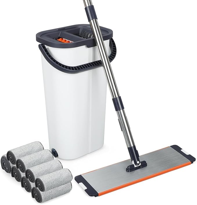 16 Inch Dual-Bucket Spin Mop Set, ， Hands-Free Wringing System，360° Rotating Flat Mop with Separate Clean & Dirty Water, Aluminum Alloy Head & 8 Microfiber Pads
