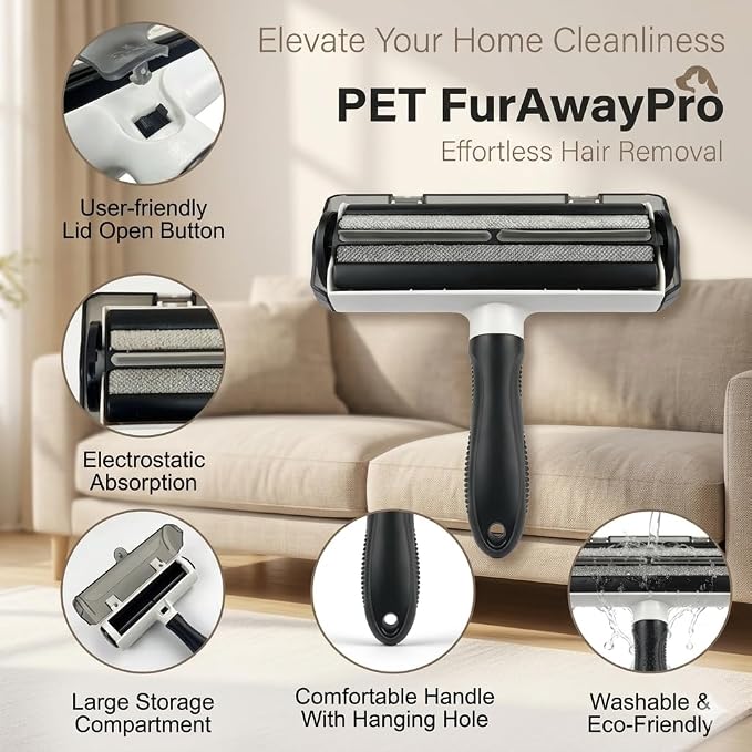 Pet FurAwayPro Reusable Pet Hair Remover – Self Cleaning Lint Roller for Dog & Cat Hair, Removes Fur from Furniture, Couch, Carpet, Car, Rugs & Bedding, Portable & Eco-Friendly