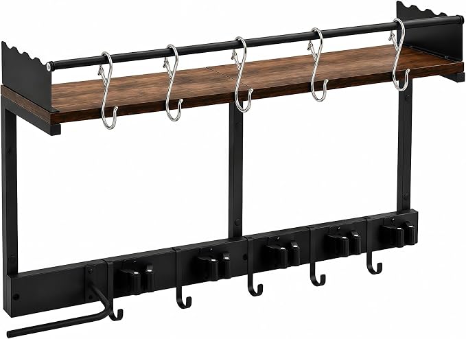 Broom Holder Wall Mount, Heavy Duty Broom and Mop Organizer Wall Hanging with Vacuum Stand, 5 Grippers & 10 Hooks, Utility Racks with Wood Shelf & Guard, Laundry Organization & Storage (L)