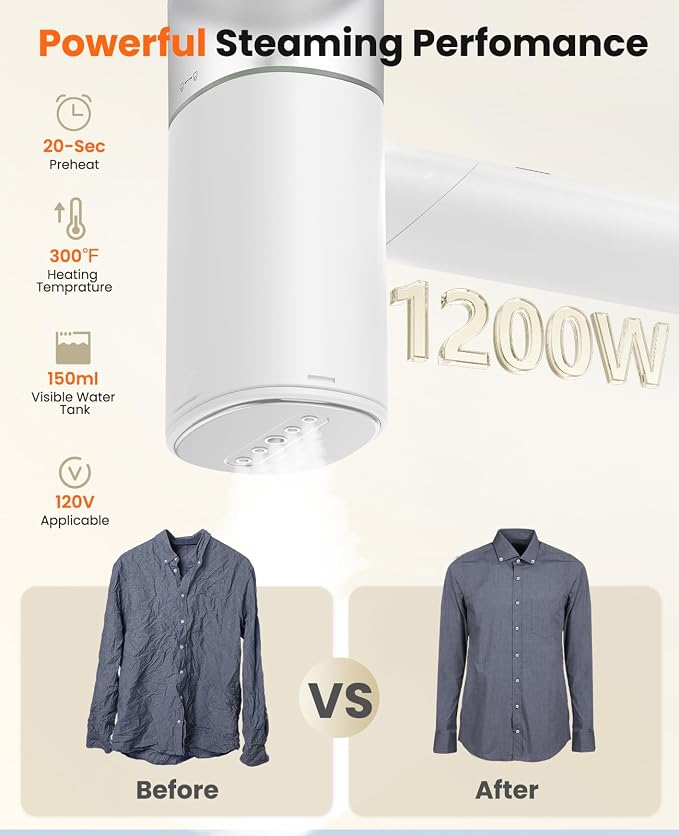 Handheld Steamer for Clothes, 1200W Foldable Travel Steamer, 20 Sec Preheat Garments Wrinkle Remover, 120V Portable Hand Iron with 150ml Water Tank, Clothes Steamer for Home Travel White