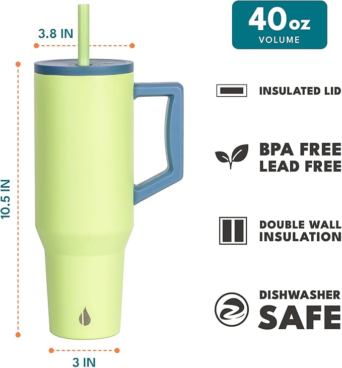 Elemental 40 oz Tumbler with Handle and Straw - Spill Proof Insulated Stainless Steel Commuter for Cold Beverages - Travel Coffee Mug with 2 Straws & Spill Proof Lid - 40oz - Sage Mist