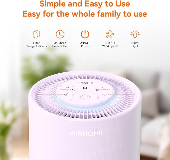 AIRROMI Air Purifier for Bedroom with HEPA 3-in-1 Filter, Pet Air Purifier for Home Cat Pee Smell, Covers Upto 990 Ft², Quiet 360°intake Air Cleaner for Pet Hair,Allergies,Pollen,Smoke A2001 Purple