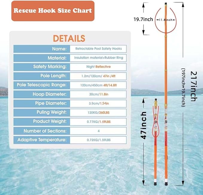 Rescue Hook Water Rescue Pole,4-18ft Telescopic Pool Rescue Hook with Pole, Adjustable Rescue Equipment Lightweight, Emergency Rescue Equipment for Drowning Swimmers (217IN-Orange (Color))