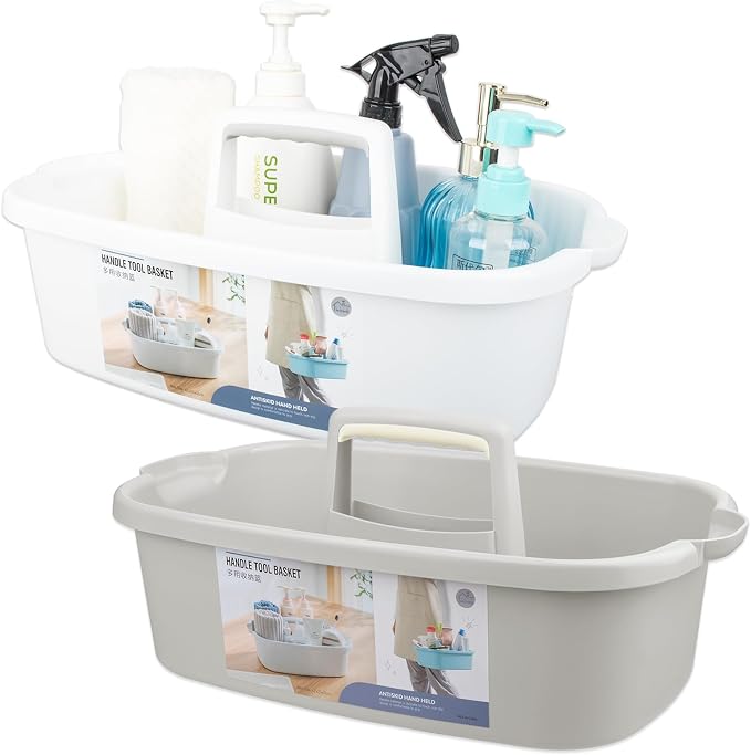 JiatuA Large Cleaning Supplies Organizer with Handle Portable Shower Caddy Basket Plastic Bucket Tool Storage for Bathroom, Bedroom, Kitchen, College Dorm, Under Sink, Garden, White & Light Grey