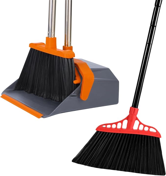 Tiumso Upgrade Broom and Dustpan Set with 51'' Long Handle, Large Upright Brooms and Dust Pans, Heavy Duty Broom, Outdoor Brooms for Patio Kitchen Shop Sidewalk