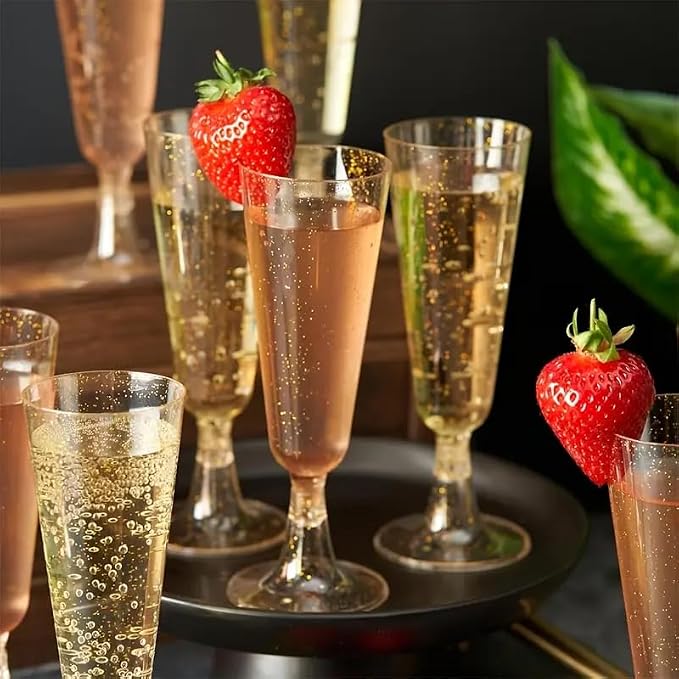 100 Pack Plastic Champagne Flutes 5.5oz Gold Glitter, Disposable Plastic Champagne Glasses, Suitable for Wedding, Birthday Party, Thanksgiving Day, Christmas Supplies