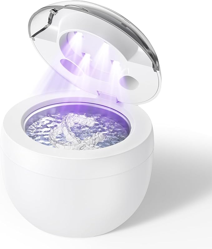 EcoBasic Retainer Cleaner, 45kHz Ultrasonic Retainer Cleaner Machine with 200ML Capacity & 4 Modes for Dentures, Aligners, Mouthguards, Retainers, Jewelry and Denture Appliances, White