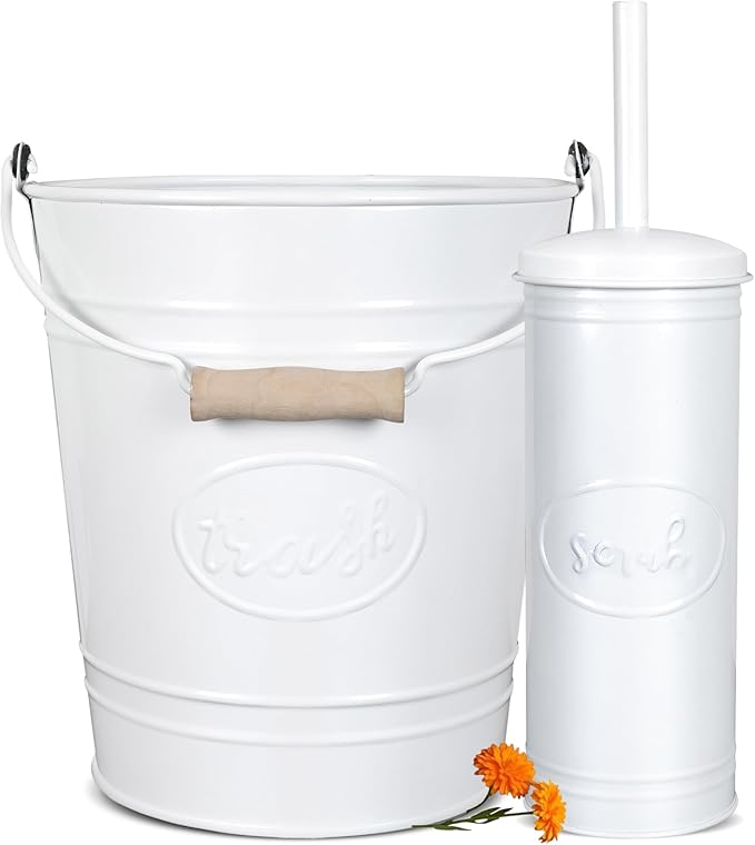 Autumn Alley Rustic Farmhouse White Bathroom Trash Can and Toilet Brush Set – Bathroom Accessories for Modern Farmhouse Charm, White Trash Can with Toilet Brush and Holder, 2 Gal. Capacity