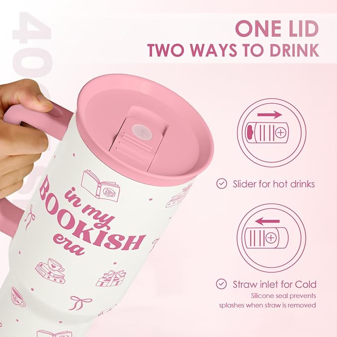 SANDJEST Book Lovers 40oz Tumbler With Handle and Straw, in My Bookish Era Insulated Stainless Steel Travel Coffee Mug for Women Girls Bookworms, Gift Idea for Birthday Christmas Mothers Day