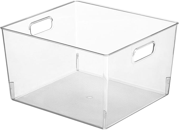 mDesign Large Modern Stackable Plastic Storage Organizer Bin Basket with Handles for Bathroom Vanity Organization - Shelf, Cubby, Cabinet, or Closet Organizing Decor - Ligne Collection, 8 Pack - Clear