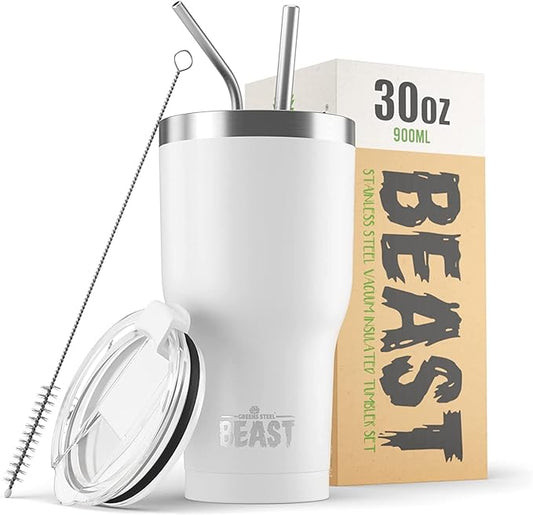 BEAST Insulated Coffee Mug – 900 ml I Arctic White I Stainless Steel I Reusable, Insulated Cups I 2 Straws and Cleaning Brush, Double Walled Travel Coffee Thermos I Hot or Iced Coffee