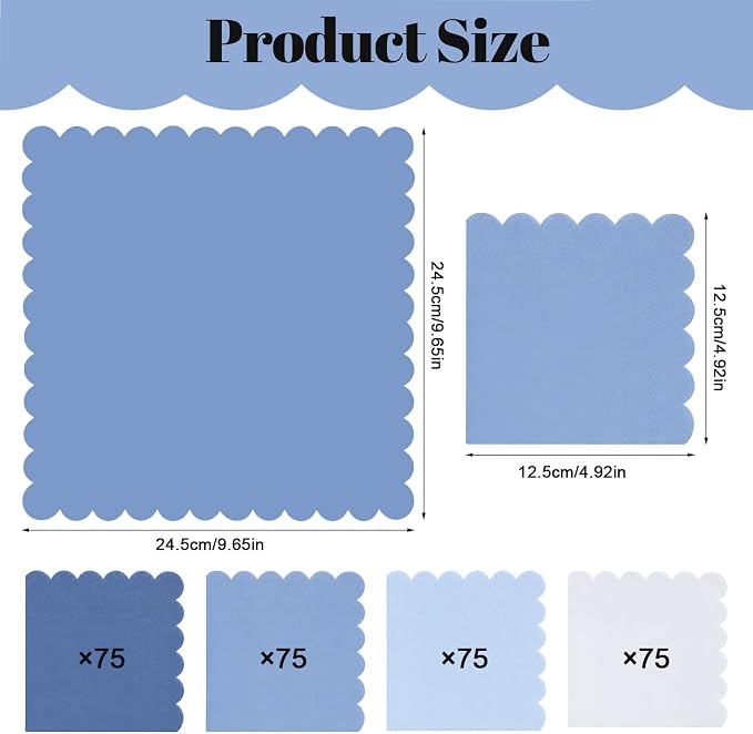 300 Pack Dusty Blue Napkins, 5 x 5 Inch Disposable Scalloped Gradient Blue Cocktail Napkins Thick Beverage Napkin for Wedding Birthday Party Supplies