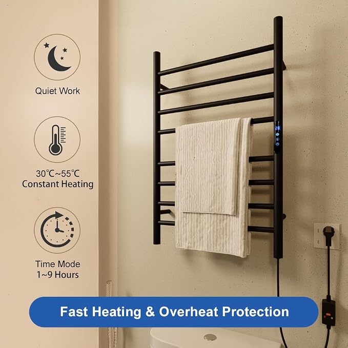 KWW Heated Towel Rack, Remote Control with APP Tuya, Towel Warmer with Timer, Wall Mounted Hot Towel Warmer for Bathroom (Matte Black, 7Bars)