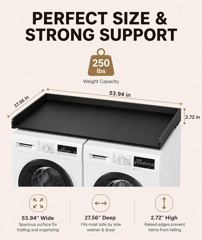 FlyGeneral Washer and Dryer Countertop, 54" Width x 27.5" Deep, Black | Laundry Folding Surface for Clothes, Quick Install Design, Raised Edge Prevents Items Falling, Fits Front Load Washer Dryer