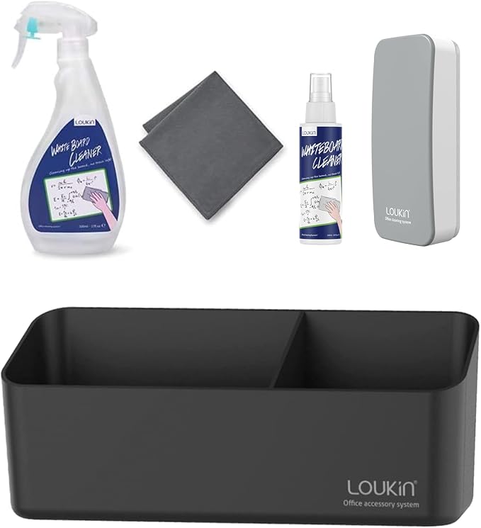 loukin | Non-toxic Whiteboard Cleaner Kit (17 fl oz) & Magnetic and Adhesive Marker Holder (Black) & Magnetic Dry Erase Eraser (Gray) &Whiteboard Cleaner (3.4 fl oz)