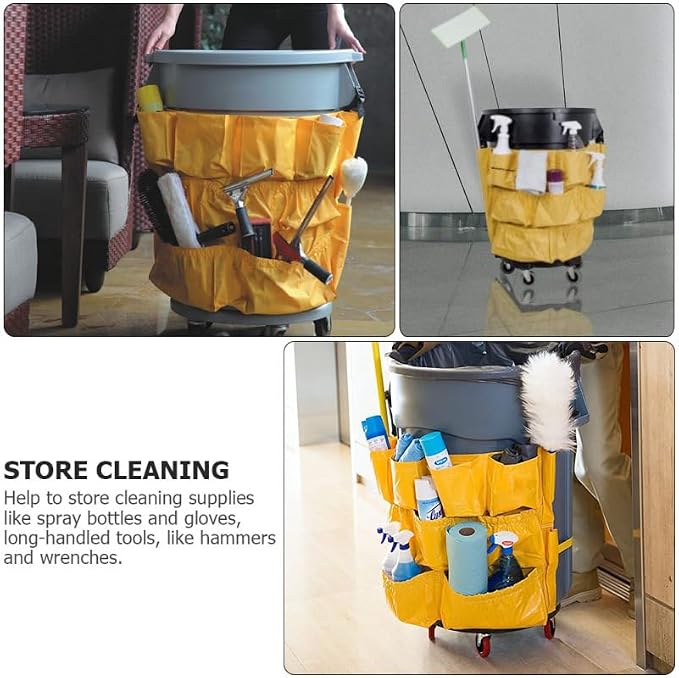 ULTECHNOVO Janitorial Trash Can Caddy Bag, 12-Pocket Vinyl Organizer for 32-44 Gallon Round Waste Containers, Heavy Duty Housekeeping Cleaning Supply Bag for Brute Bins, Orange