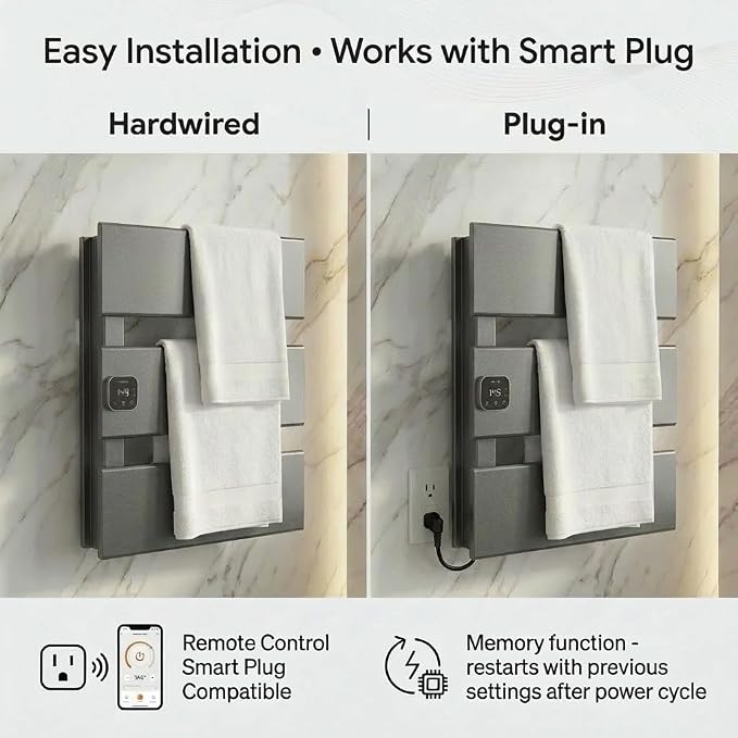 L Series Electric Towel Warmer for Bathroom, 3 Panel, Gun Gray | Thermo Control and Timer, Fast Heat in 3 Mins, Dry Towels in 4 hrs, Memory Function, Work with Smart Plug, Left-Wiring