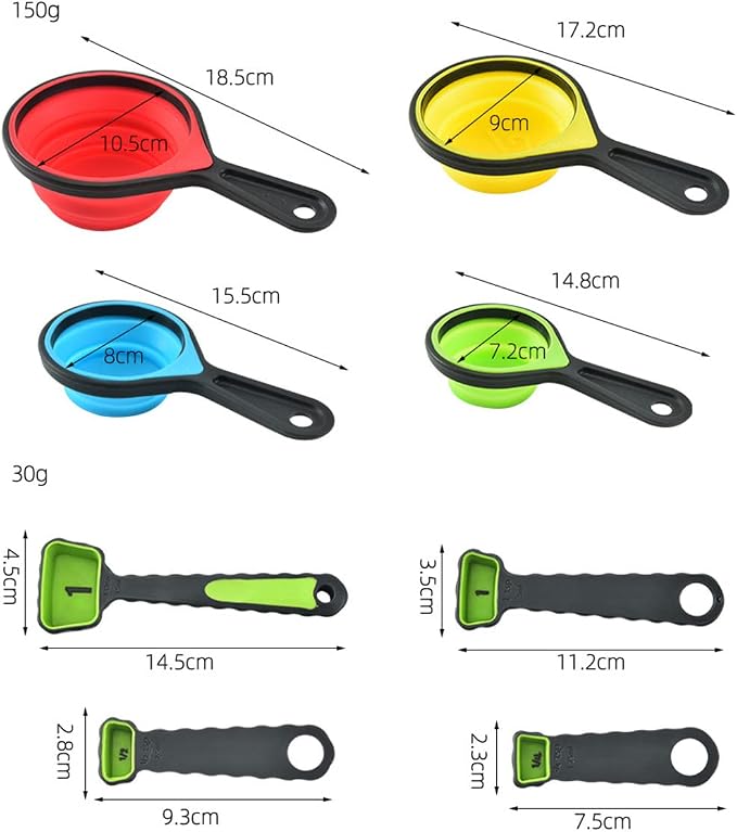 New Version 11Pack Silicone Kitchen Strainer Collapsible Colander with Foldable Silicone Measuring Spoon Measuring Cup Kitchen Good Tools (Green) 9.6 * 1.1
