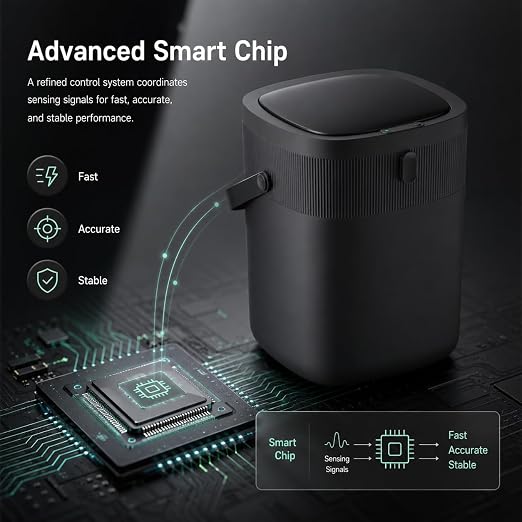 WM-DZT-12-36S Smart Motion Sensor Trash Can, Ultra-Quiet Soft-Close | Long Battery Life | Built-in Bag Storage & Portable PU Handle (Black)