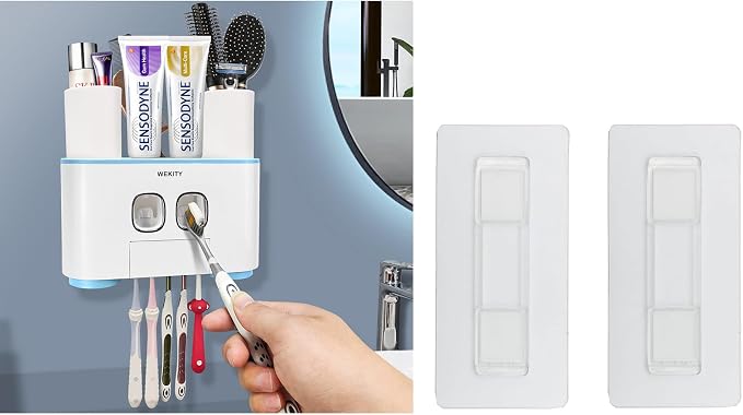 Toothbrush Holder Wall Mounted, WEKITY Multi-Functional Toothbrush and Toothpaste Dispenser for Bathroom, with 5 Toothbrush Slots and 4 Wall Adhesives, 2 Toothpaste Squeezers and 4 Cups