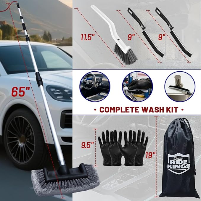 Car Detailing Kit with 65 in Flow-Thru Handle - 4-Head Car Wash Brush Set (Includes 2 Stiff Brushes) - Paint-Safe Auto Washing Mop for Sedan, SUV Exterior Care & Windshield (Grey)