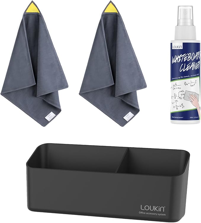 loukin Whiteboard Accessories Bundle | Magnetic Whiteboard Cleaning Cloth 2 Pack & Non-Toxic Whiteboard Cleaner (3.4 fl oz) & Magnetic and Adhesive Marker Holder (Black)